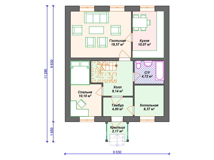 Каркасный дом 11x9 с котельной, мансардой – проект V273 "Рочестер" план первого этаж
