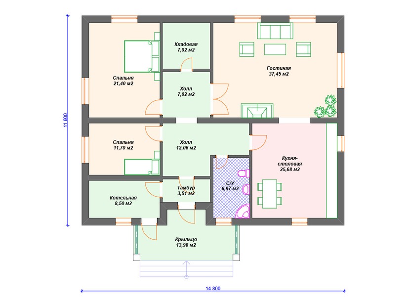 Дом по технологии Теплая керамика VK220 "Нью-Хэмпшир" c 2 спальнями план первого этаж