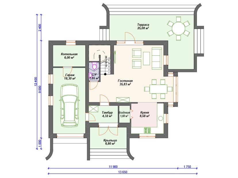 Каркасный дом 12x14 с котельной, балконом, террасой – проект V179 "Кингман" план первого этаж