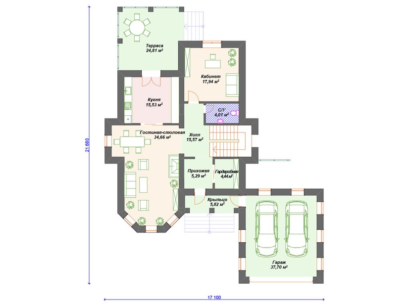 Каркасный дом 22x17 с котельной, сауной, террасой – проект V161 "Давис" план первого этаж
