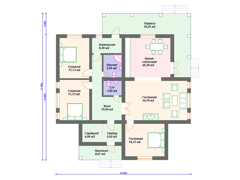 Дом по технологии Теплая керамика VK219 "Нью-Джерси" c 3 спальнями план первого этаж