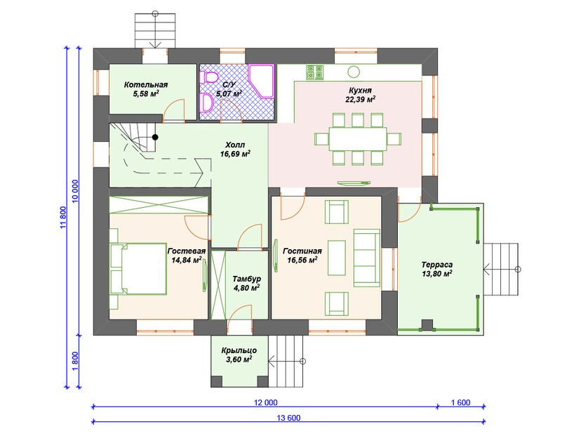 Дом из керамоблока VK178 "Пресцотт" c 4 спальнями план первого этаж