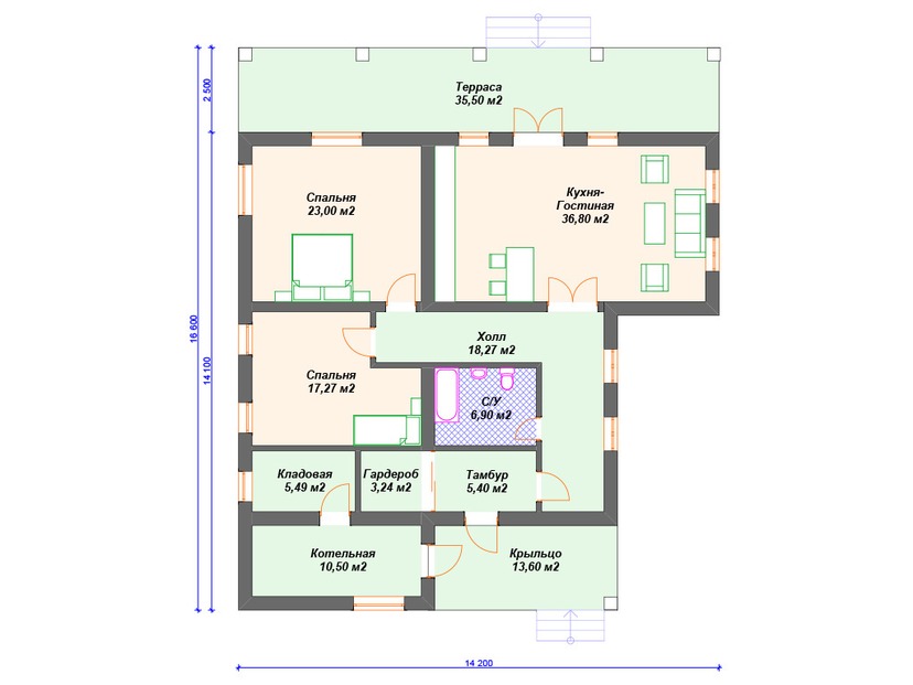 Дом по технологии Теплая керамика VK218 "Нью-Мексико" c 2 спальнями план первого этаж