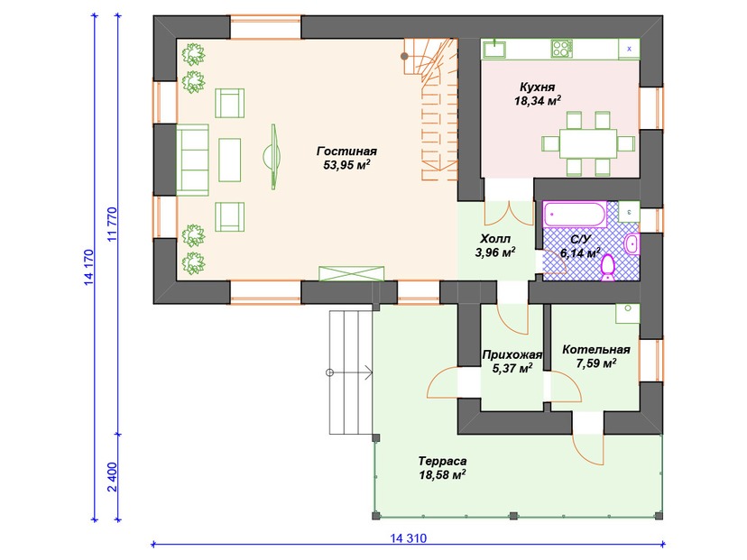 Каркасный дом 12x14 с котельной, террасой, балконом – проект V159 "Индианола" план первого этаж