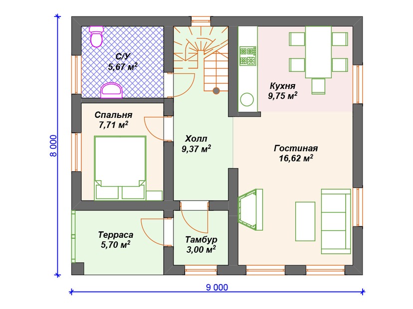 Каркасный дом 8x9 с террасой, мансардой – проект V240 "Калифорния" план первого этаж