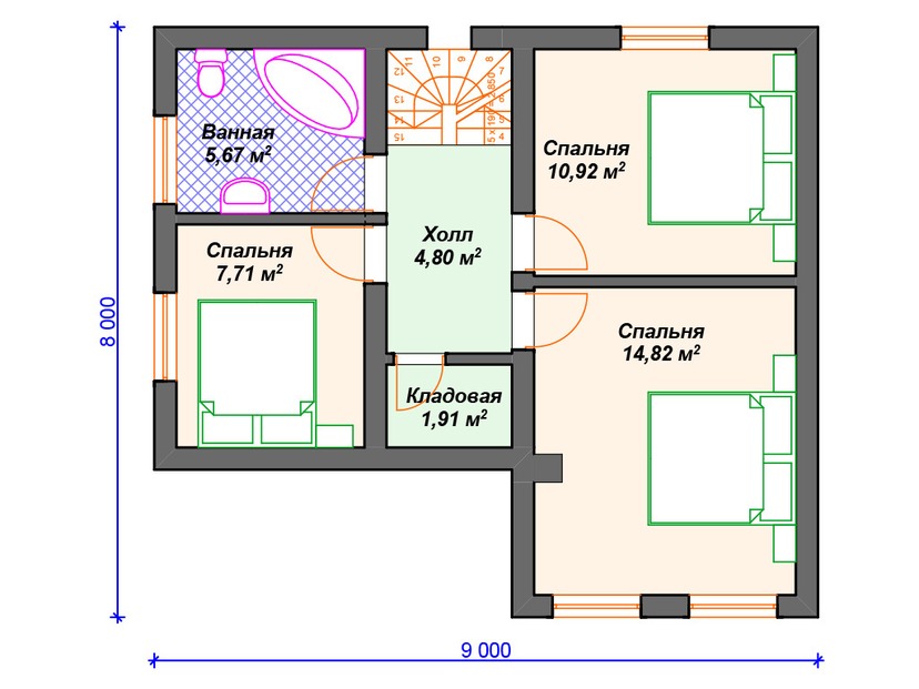 Каркасный дом 8x9 с террасой, мансардой – проект V240 "Калифорния" план мансардного этажа