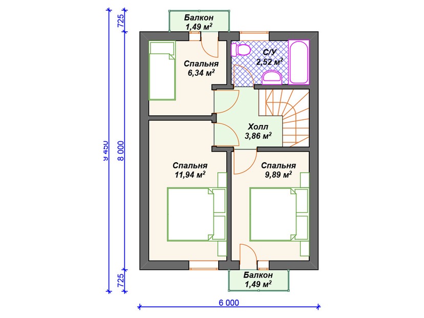 Каркасный дом 8x6 с балконом, мансардой – проект V157 "Белфаст" план мансардного этажа