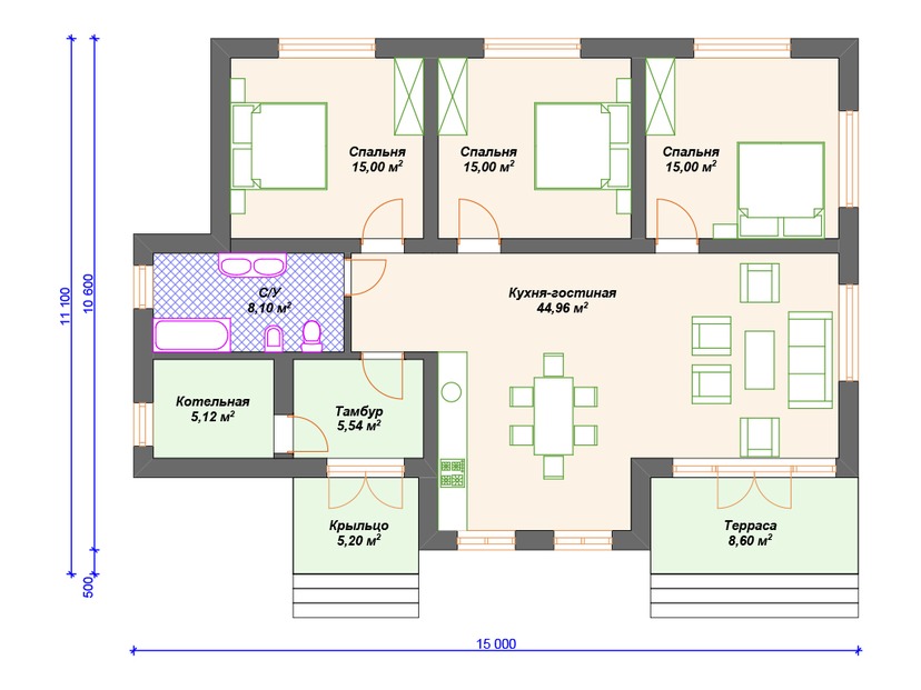 Каркасный дом 11x15 с котельной, террасой – проект V201 "Бессемер" план первого этаж