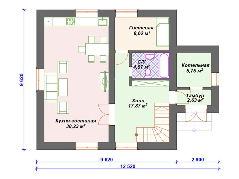 Дом из газоблока с котельной, балконом, мансардой - VG156 "Биддефорд" план первого этаж