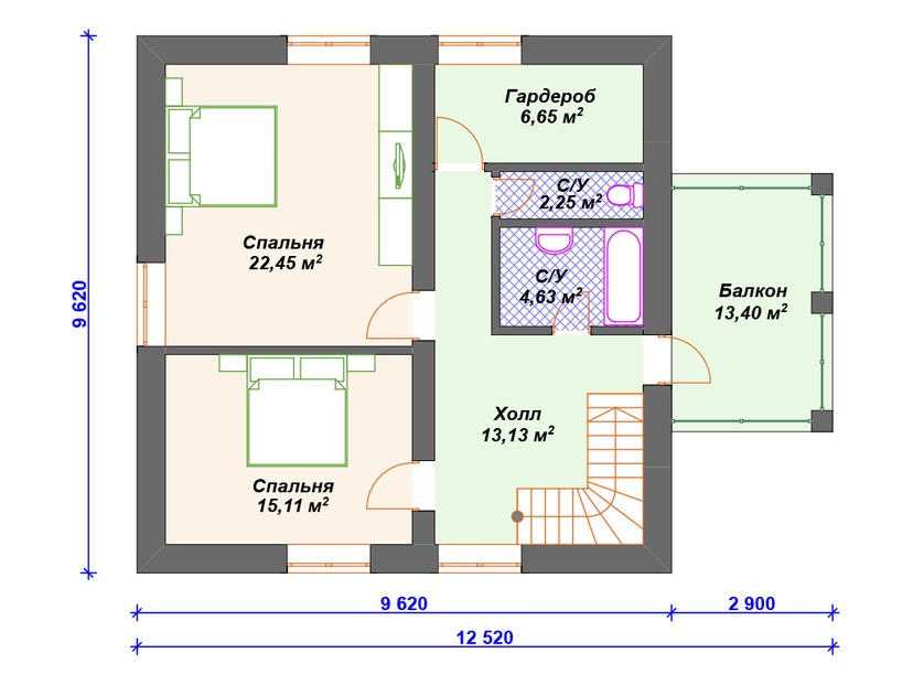 Дом из газоблока с котельной, балконом, мансардой - VG156 "Биддефорд" план мансардного этажа