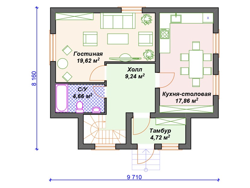 Каркасный дом 8x10  – проект V155 "Форт Кент" план первого этаж