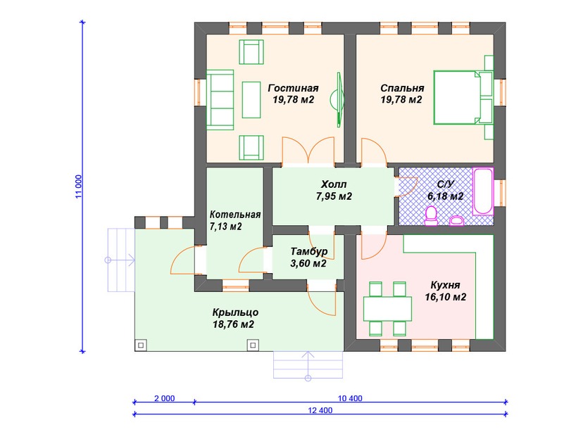 Дом по технологии Теплая керамика VK216 "Орегон" c 1 спальней план первого этаж