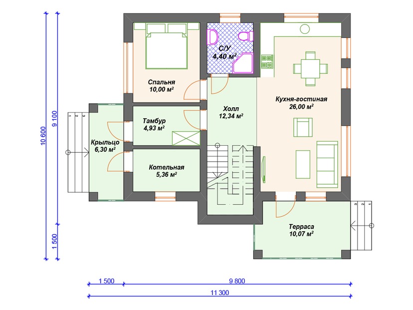 Каркасный дом 11x11 с котельной, балконом, террасой – проект V199 "Цуллман" план первого этаж