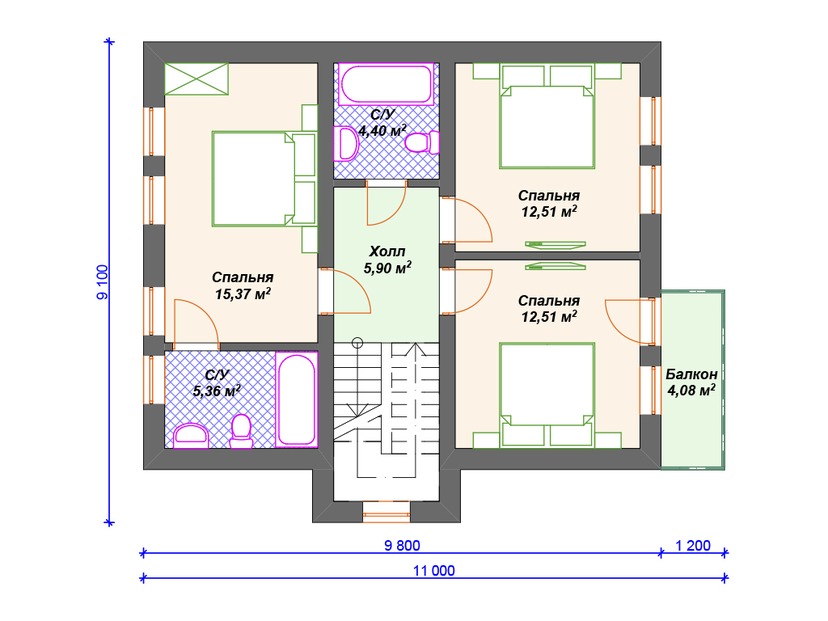 Каркасный дом 11x11 с котельной, балконом, террасой – проект V199 "Цуллман" план мансардного этажа