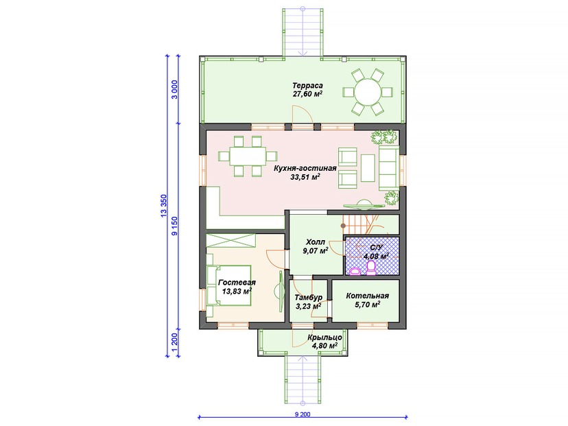 Каркасный дом 13x9 с котельной, балконом, террасой – проект V175 "Бентон" план первого этаж