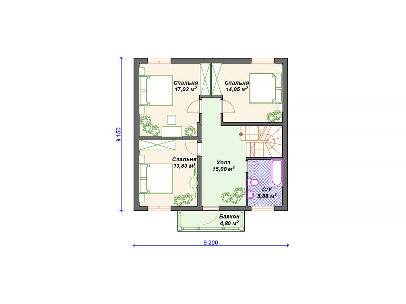Каркасный дом 13x9 с котельной, балконом, террасой – проект V175 "Бентон" план мансардного этажа