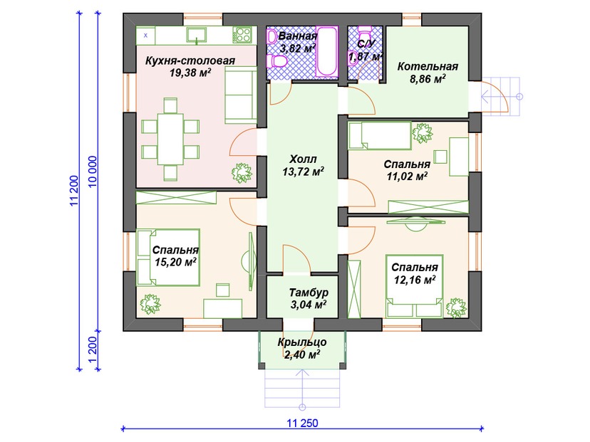 Каркасный дом 11x11 с котельной – проект V154 "Эллсворт" план первого этаж