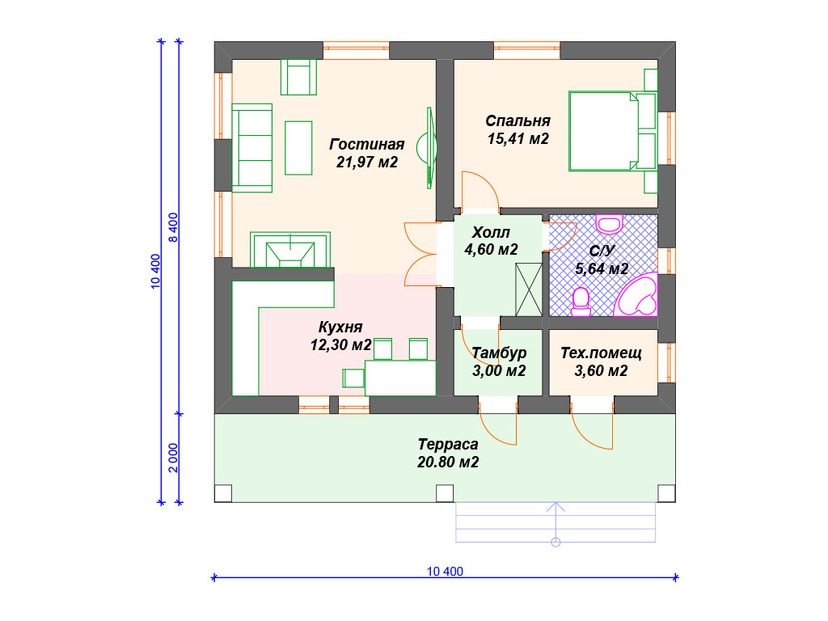 Дом по технологии Теплая керамика VK214 "Род Айленд" c 1 спальней план первого этаж