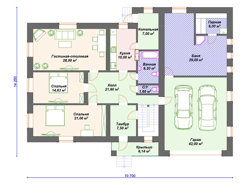 Каркасный дом 14x20 с котельной, сауной, гаражом – проект V172 "Хелена" план первого этаж