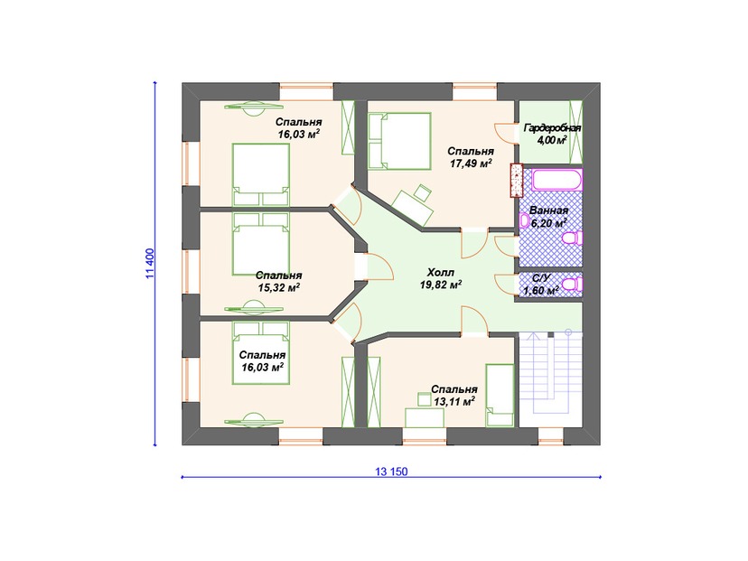 Каркасный дом 14x20 с котельной, сауной, гаражом – проект V172 "Хелена" план второго этажа