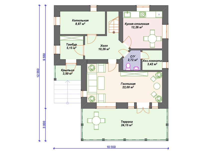 Каркасный дом 13x11 с террасой, котельной, мансардой – проект V153 "Хоултон" план первого этаж