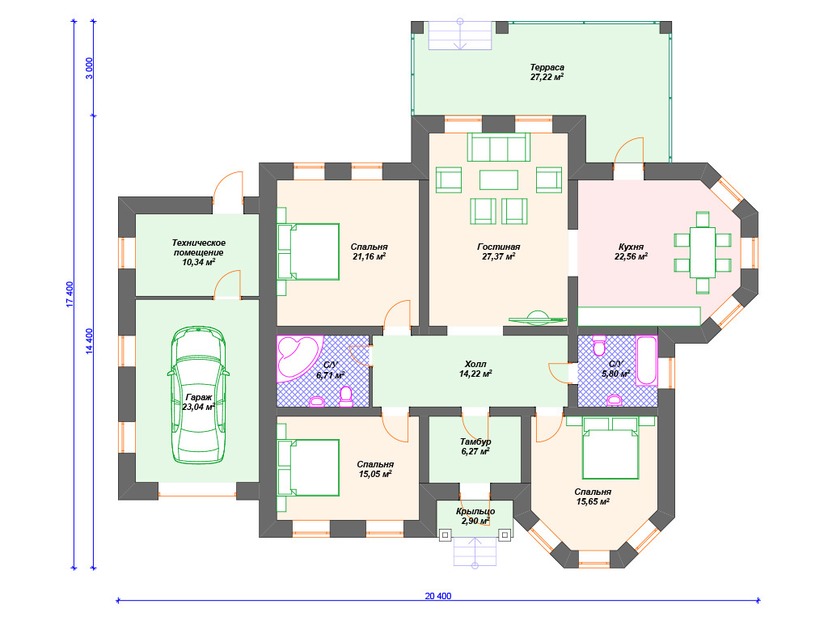 Каркасный дом 17x20 с эркером, террасой, гаражом – проект V195 "Флоренце" план первого этаж