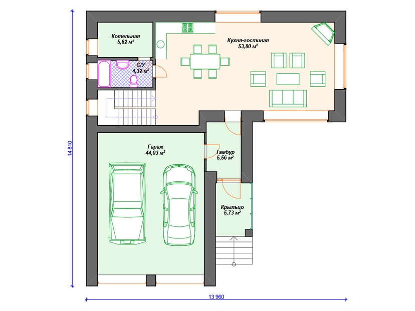 Каркасный дом 15x14 с котельной, гаражом – проект V211 "Юта" план первого этаж