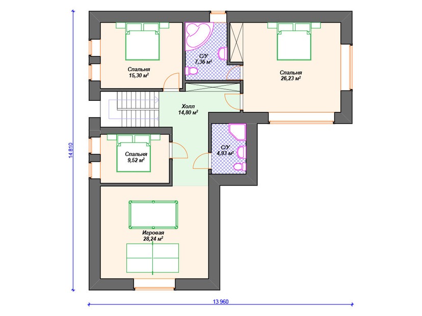 Каркасный дом 15x14 с котельной, гаражом – проект V211 "Юта" план второго этажа