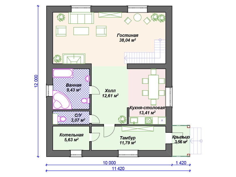 Дом из керамоблока VK171 "Магнолиа" c 3 спальнями план первого этаж