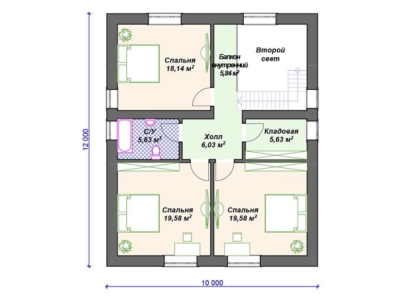 Каркасный дом 12x10 с балконом, котельной, мансардой – проект V171 "Магнолиа" план мансардного этажа
