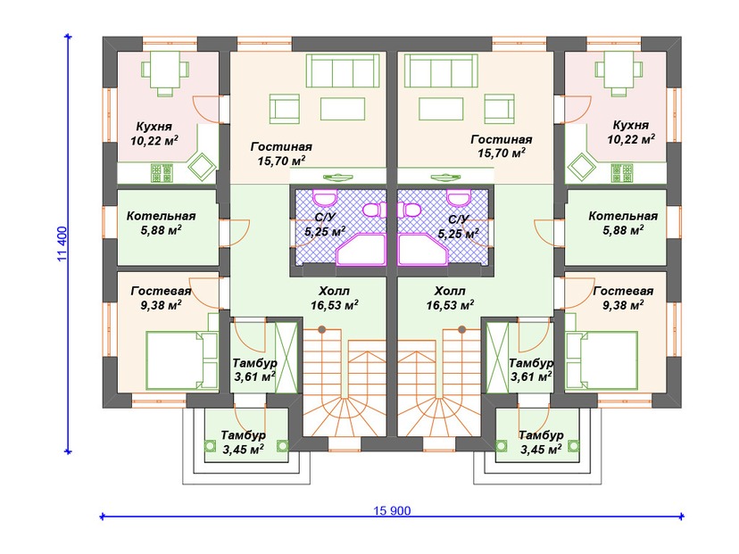 Каркасный дом 11x16 с котельной, балконом – проект V210 "Вермонт" план первого этаж