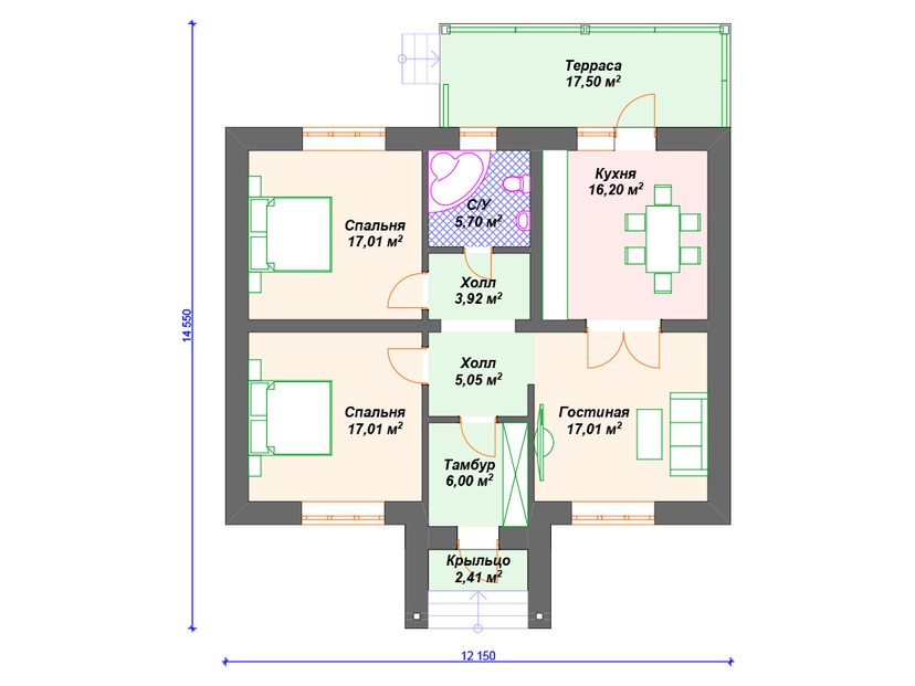 Каркасный дом 15x12 с террасой – проект V193 "Гунтерсвилле" план первого этаж