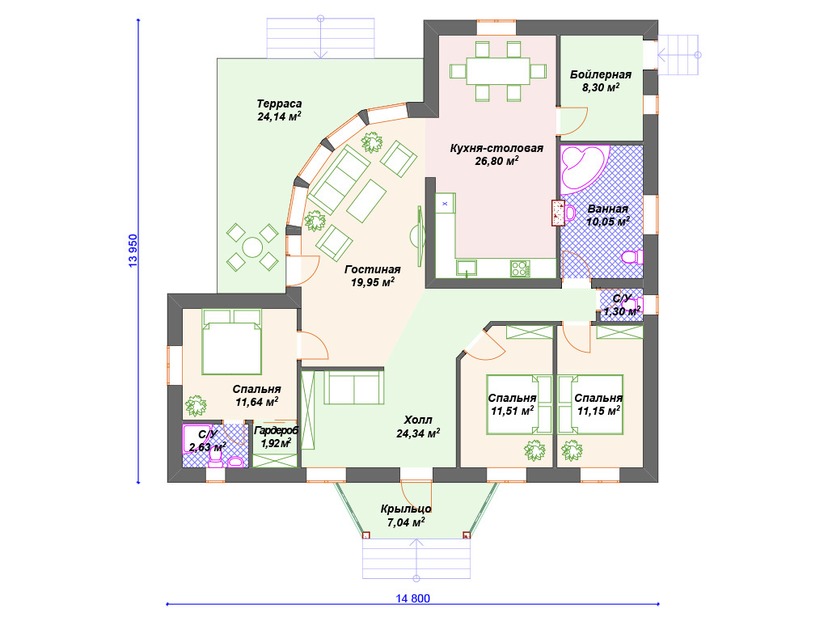 Каркасный дом 14x15 с котельной, террасой, эркером – проект V169 "Аламеда" план первого этаж