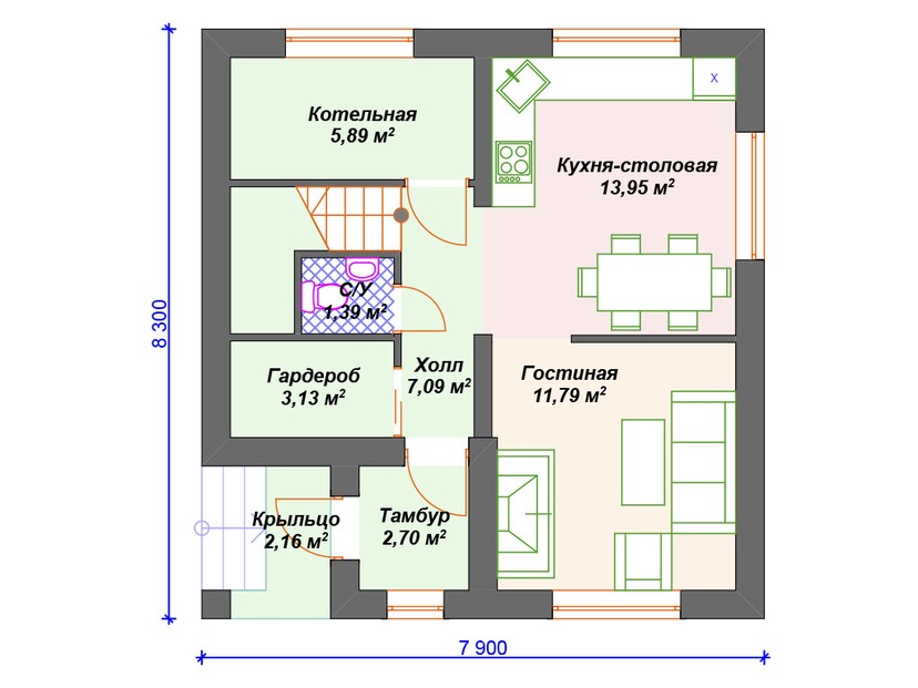 Дом из керамоблока VK151 "Валсенбург" c 2 спальнями план первого этаж