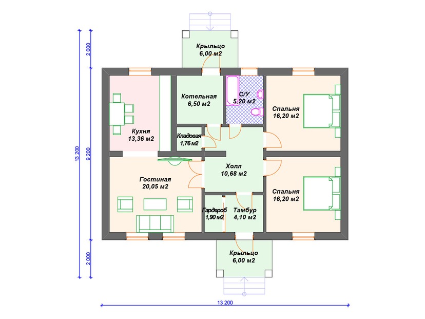 Дом по технологии Теплая керамика VK208 "Вайоминг" c 2 спальнями план первого этаж