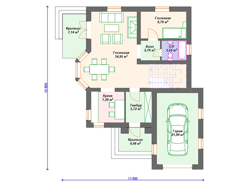 Каркасный дом 14x12 с балконом, эркером, гаражом – проект V192 "Яспер" план первого этаж