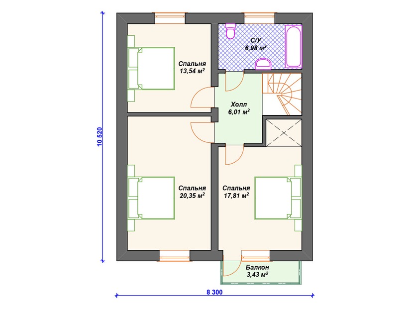 Дом из керамоблока VK149 "Данбур" c 3 спальнями план мансардного этажа