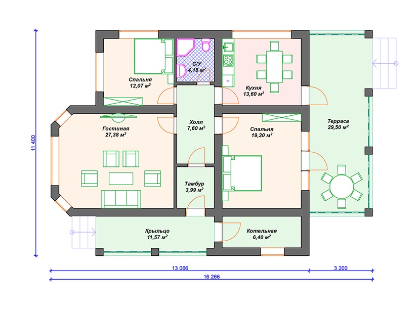 Каркасный дом 11x16 с котельной, террасой, эркером – проект V148 "Гротон" план первого этаж