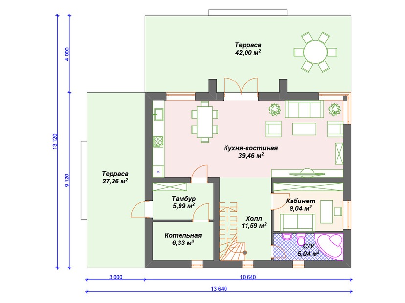 Каркасный дом 13x14 с террасой, котельной, мансардой – проект V147 "Хамден" план первого этаж