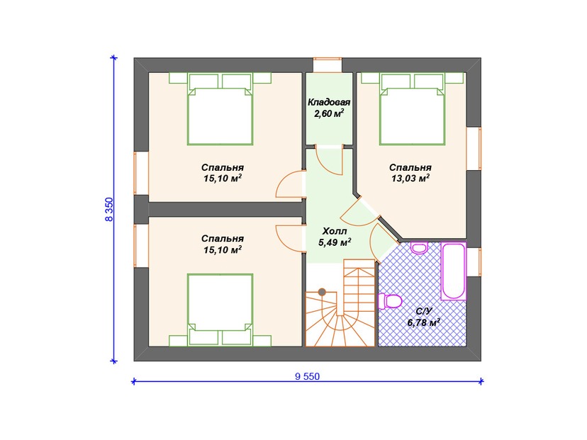 Каркасный дом 11x10 с котельной, террасой, мансардой – проект V146 "Гуилфорд" план мансардного этажа