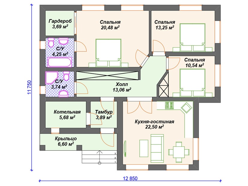 Дом по технологии Теплая керамика VK205 "Кристал" c 3 спальнями план первого этаж