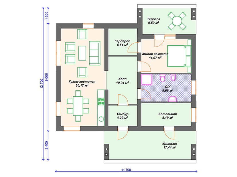 Дом по технологии Теплая керамика VK234 "Айдахо" c 1 спальней план первого этаж