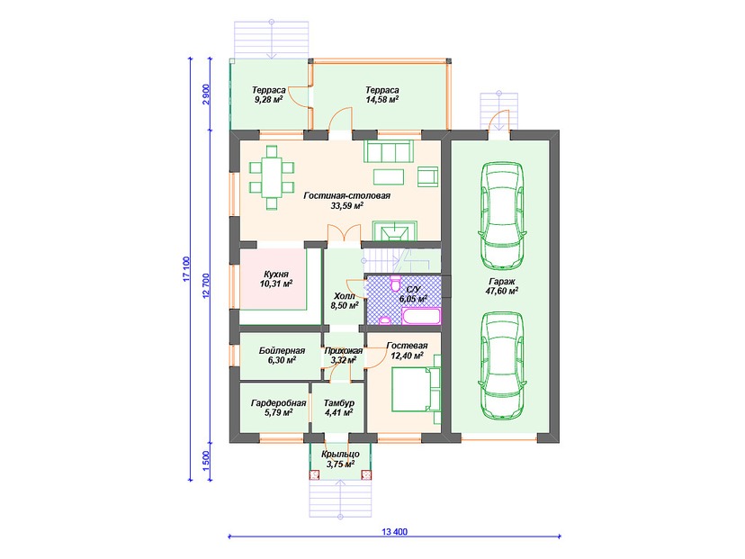 Дом из газоблока с котельной, террасой, гаражом - VG190 "Опелика" план первого этаж