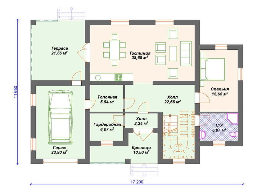 Каркасный дом 12x17 с котельной, террасой, балконом – проект V231 "Айова" план первого этаж