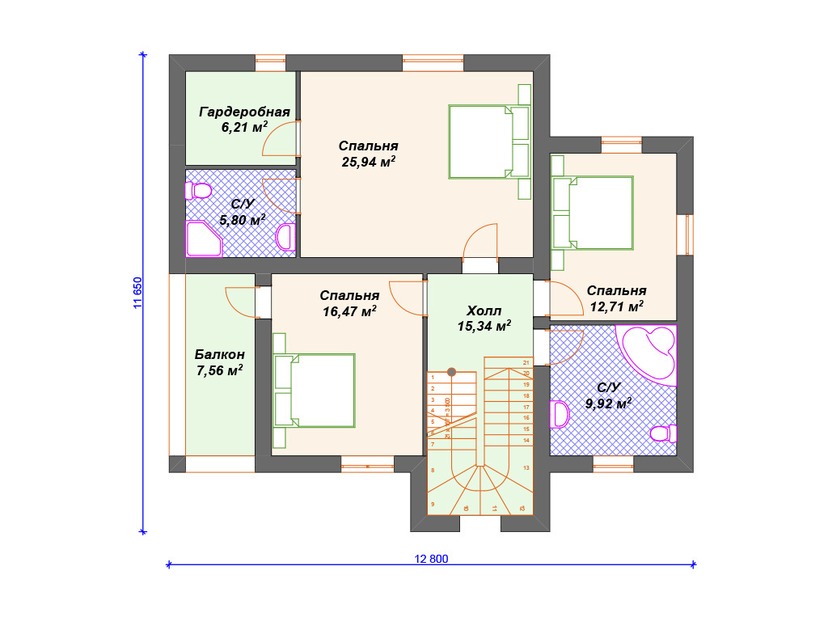 Каркасный дом 12x17 с котельной, террасой, балконом – проект V231 "Айова" план второго этажа
