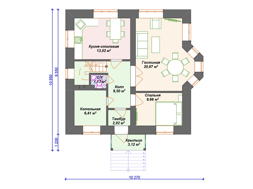 Каркасный дом 11x10 с котельной, эркером, мансардой – проект V188 "Причард" план первого этаж