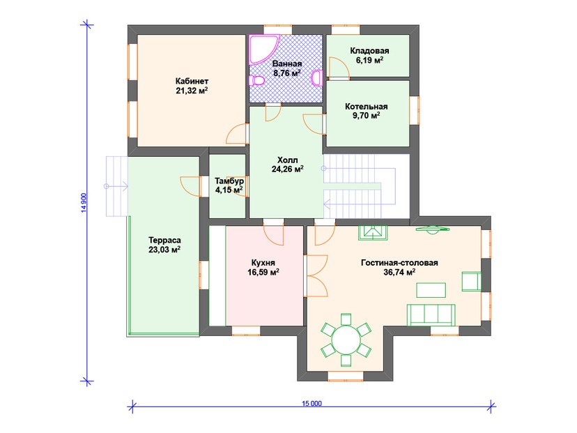 Каркасный дом 15x15 с котельной, террасой, мансардой – проект V229 "Луизиана" план первого этаж