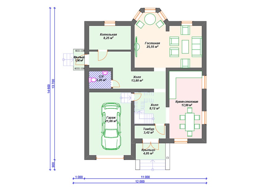 Каркасный дом 15x12 с котельной, эркером, гаражом – проект V187 "Селма" план первого этаж
