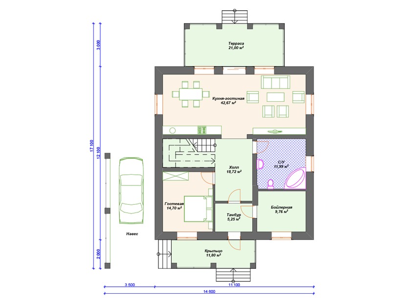 Дом из газоблока с котельной, балконом, террасой - VG186 "Хаинес" план первого этаж