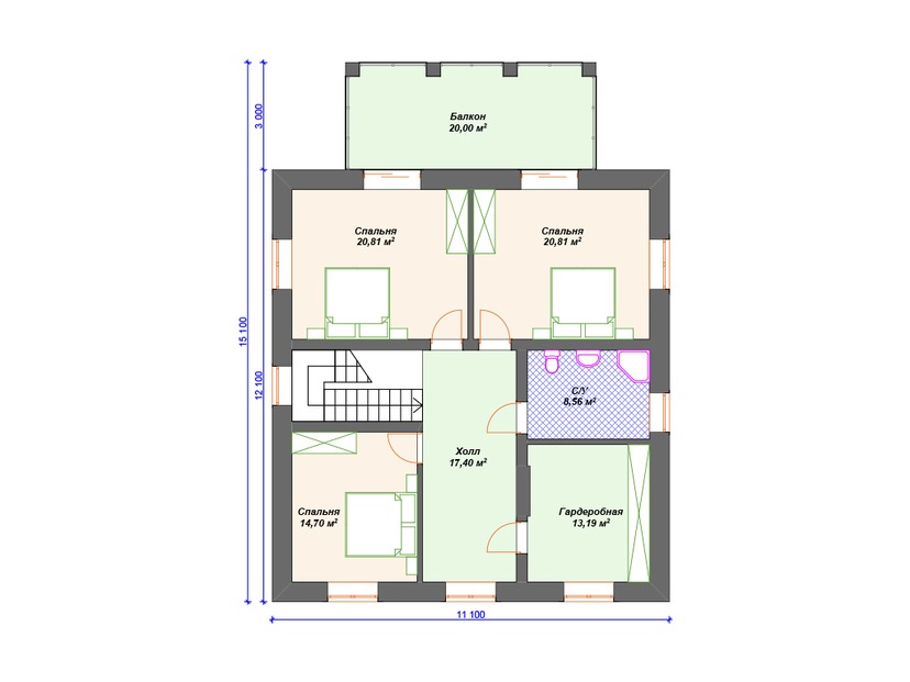 Каркасный дом 17x15 с котельной, балконом, террасой – проект V186 "Хаинес" план второго этажа